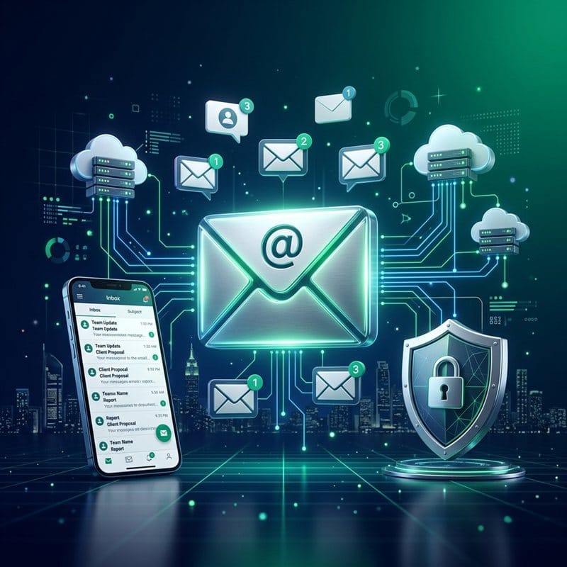 Professional business email hosting dashboard showing inbox, mobile access and security features